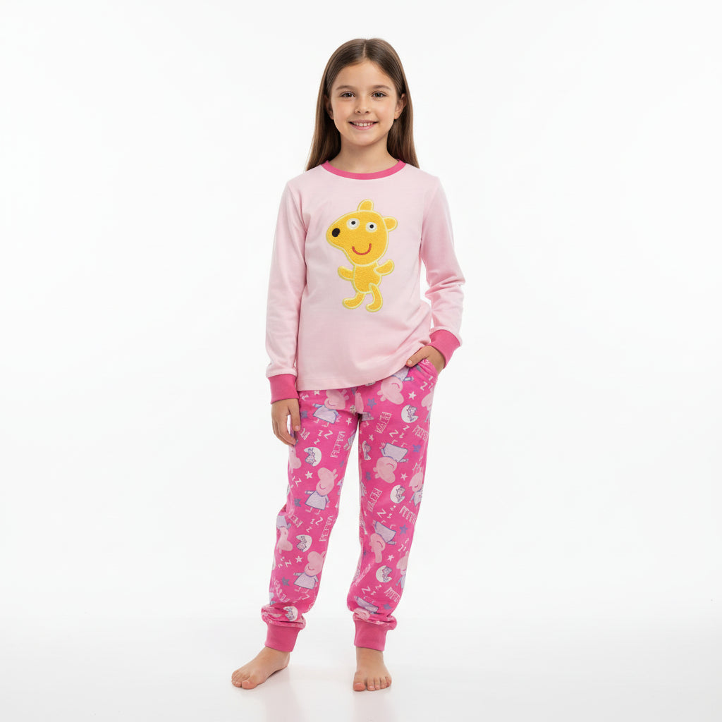 Children's pink pajama set with a cartoon character on a mannequin against a gray background.